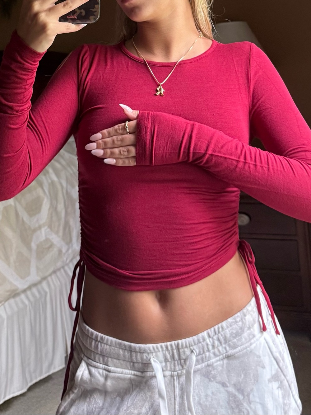 Me to We Burgundy Long-Sleeve Ruched Side Tie Crop Top